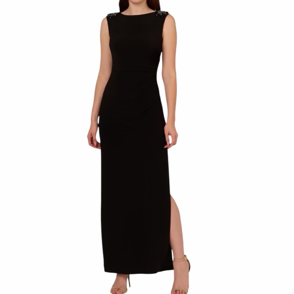 Adrianna Papell Women’s Black Gown Beaded Dress Jersey Stretch size 10 NEW